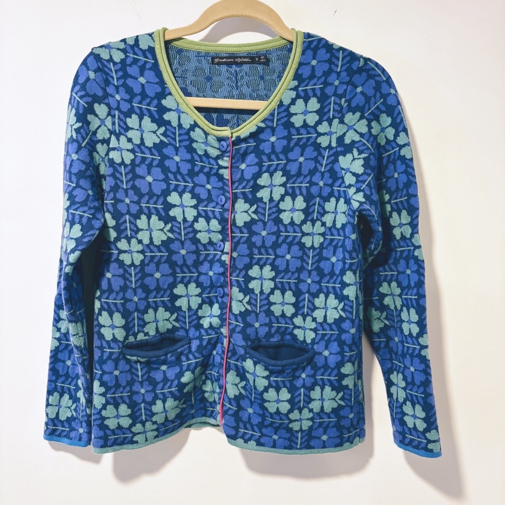 Gudrun Sjoden Blue Green Floral Clover Cotton Cardigan Sweater Women’s Small